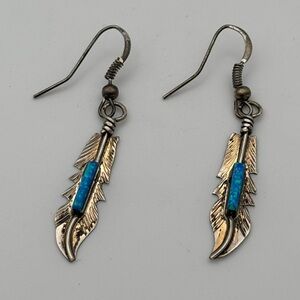 Navajo Southwestern Sterling Silver Feather Blue Fire Opal Barney Earrings